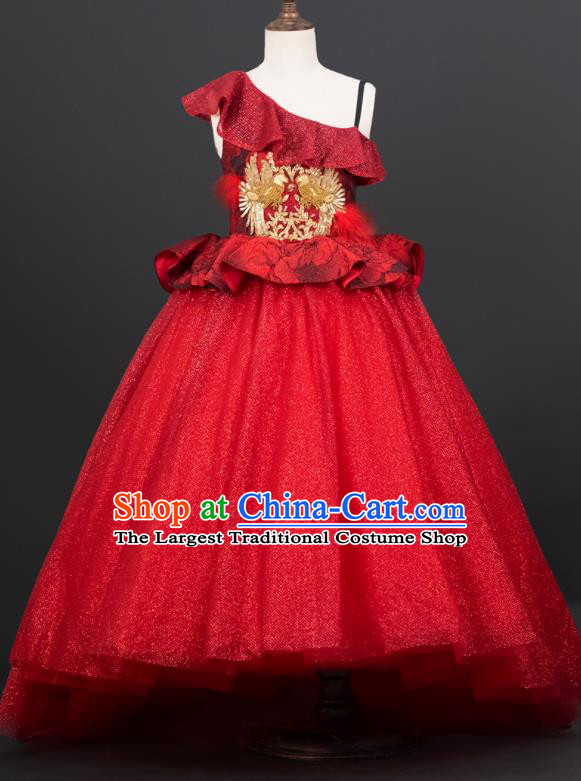 Custom Girl Birthday Fashion Princess Red Veil Full Dress Kid Formal Clothing Children Piano Recital Trailing Dress