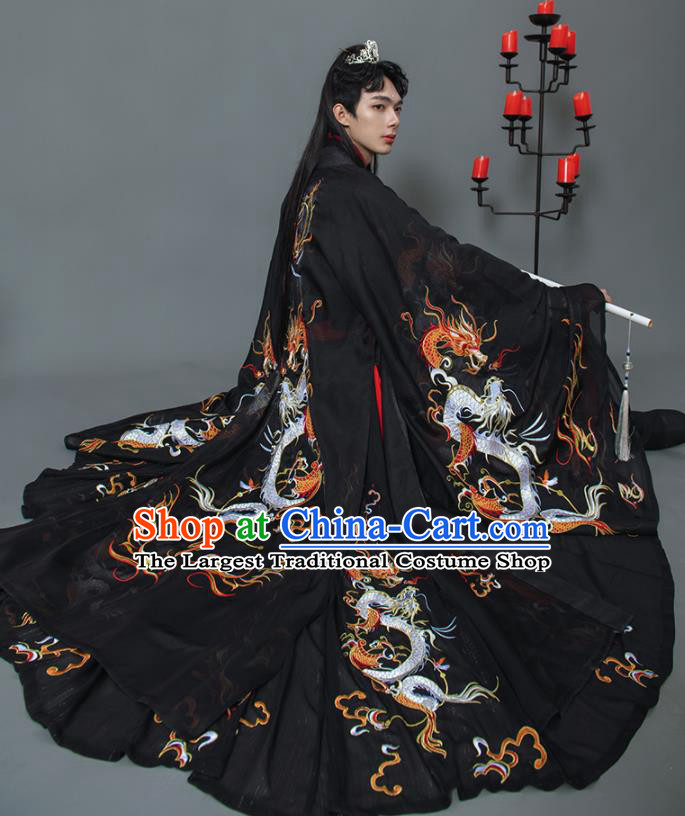 China Ancient Swordsman Black Hanfu Clothing Traditional Jin Dynasty Childe Historical Garment Costumes and Headpieces
