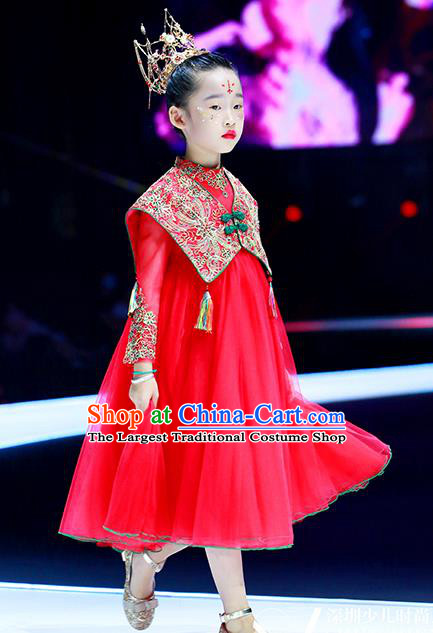 China Girl Classical Dance Garment Costume Children Tang Suits Catwalks Red Dress Stage Performance Clothing