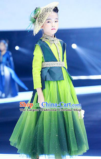 Professional Modern Dance Clothing Girl Princess Garment Children Catwalks Fashion Costume Stage Show Green Full Dress
