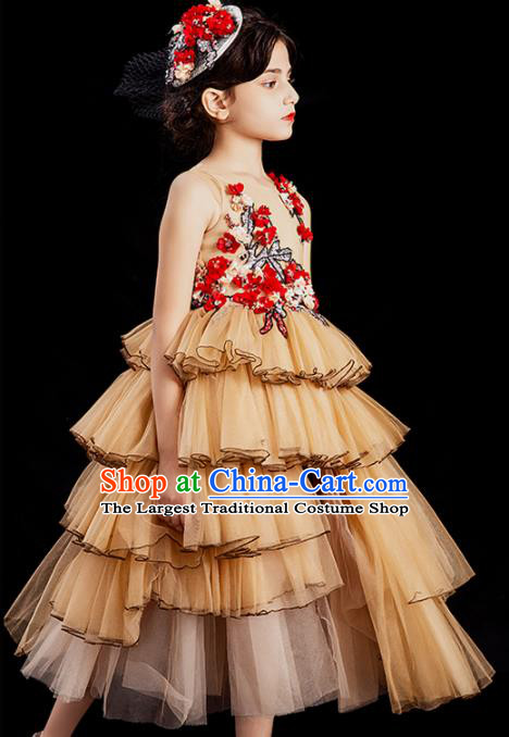 Professional Girl Princess Garment Children Catwalks Fashion Costume Stage Show Yellow Veil Full Dress Modern Dance Clothing
