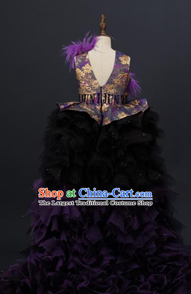Professional Modern Dance Clothing Girl Compere Garment Children Catwalks Fashion Costume Stage Show Purple Trailing Full Dress