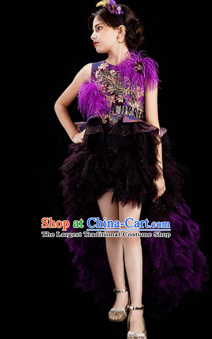 Professional Modern Dance Clothing Girl Compere Garment Children Catwalks Fashion Costume Stage Show Purple Trailing Full Dress