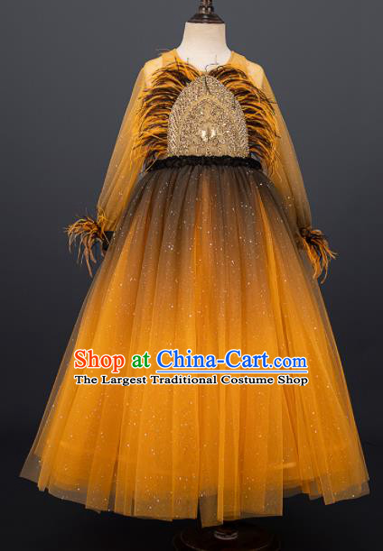 Professional Girl Princess Garment Children Catwalks Fashion Costume Stage Show Yellow Veil Full Dress Modern Dance Clothing