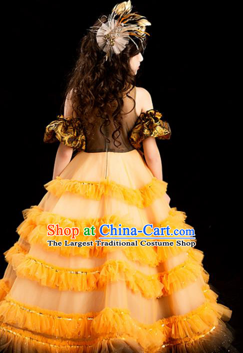Professional Girl Modern Dance Clothing Princess Garment Children Catwalks Fashion Costume Stage Show Orange Veil Full Dress