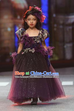 Professional Little Model Garment Children Catwalks Fashion Costume Stage Show Purple Veil Dress Girl Modern Dance Clothing