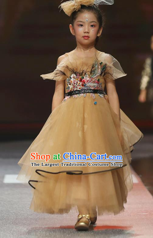 Professional Girl Modern Dance Clothing Little Model Garment Children Catwalks Fashion Costume Stage Show Yellow Veil Dress