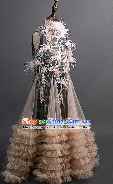 Professional Stage Show Grey Full Dress Girl Modern Dance Clothing Little Model Garment Children Catwalks Fashion Costume