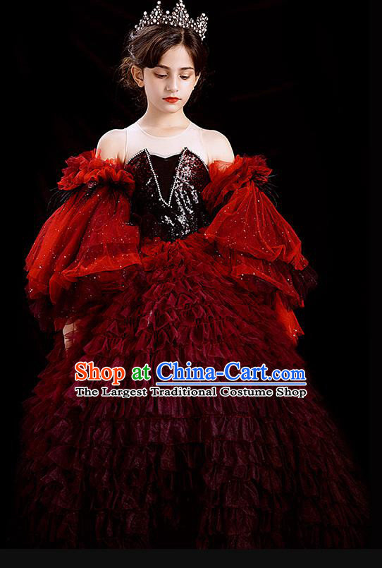 Professional Children Catwalks Fashion Costume Stage Show Red Trailing Full Dress Girl Modern Dance Clothing Baroque Princess Garment