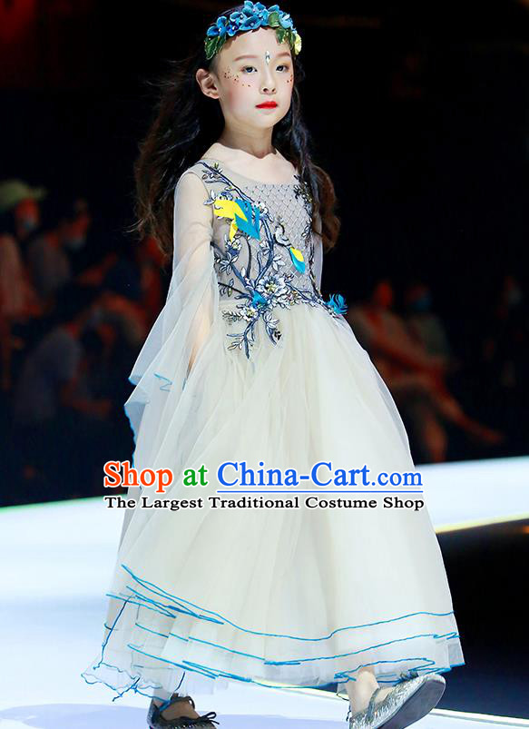 Professional Modern Dance Clothing Girl Princess Garment Children Catwalks Fashion Costume Stage Show Beige Full Dress