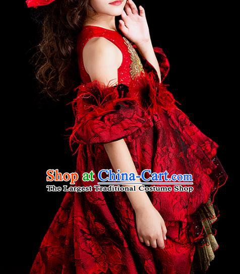 Professional Girl Dance Fashion Costume Stage Show Clothing Baroque Princess Garment Children Catwalks Red Lace Trailing Full Dress