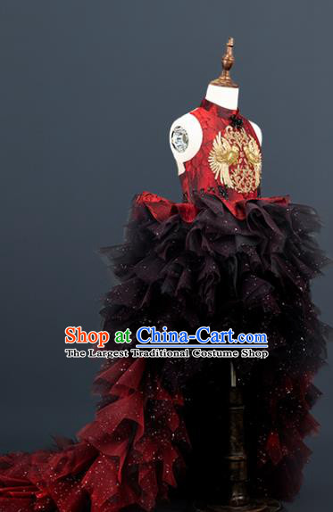 Professional Children Catwalks Red Veil Trailing Full Dress Girl Dance Garment Costume Stage Show Clothing Baroque Princess Fashion