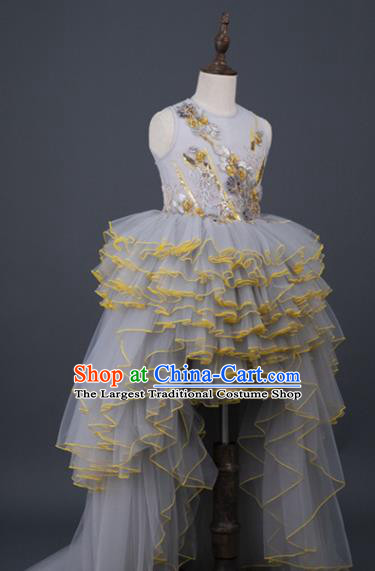 Professional Baroque Princess Fashion Children Catwalks Grey Veil Trailing Full Dress Girl Dance Garment Costume Stage Show Clothing
