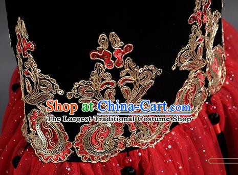 China Girl Red Veil Fishtail Dress Stage Performance Clothing Classical Dance Garment Costume Children Catwalks Fashion