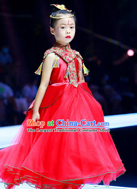 China Children Catwalks Fashion Girl Red Veil Full Dress Stage Performance Clothing Classical Dance Garment Costume