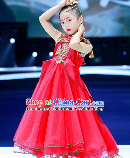 China Children Catwalks Fashion Girl Red Veil Full Dress Stage Performance Clothing Classical Dance Garment Costume