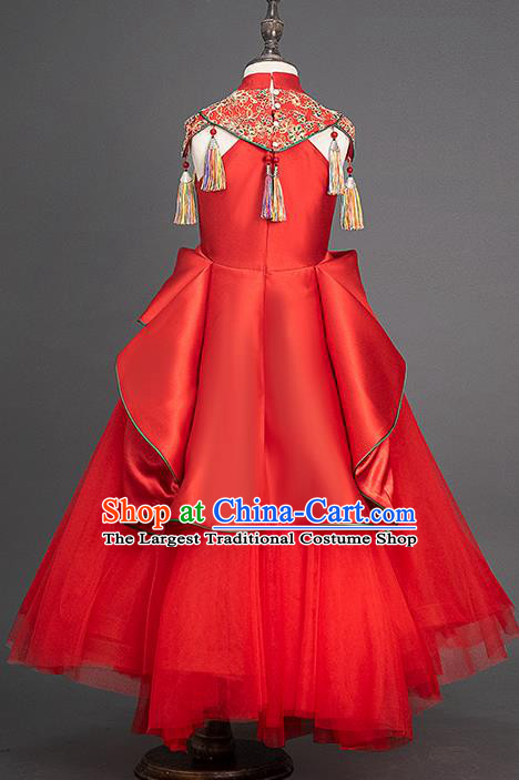 China Children Catwalks Fashion Girl Red Veil Full Dress Stage Performance Clothing Classical Dance Garment Costume