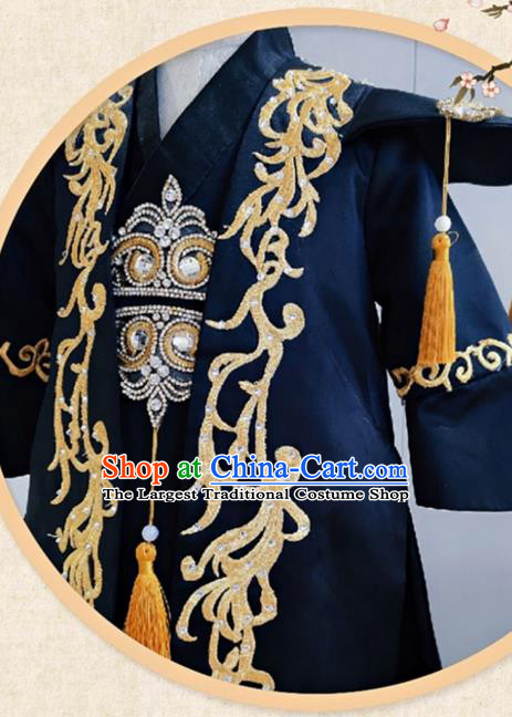 Chinese Tang Suit Black Cape Uniforms Children Stage Performance Clothing Boys Dance Costumes