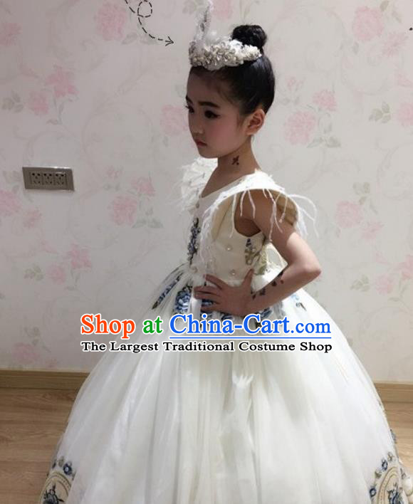 Professional Piano Recital Garment Costume Girl Stage Show Clothing Princess Fashion Children Catwalks White Full Dress