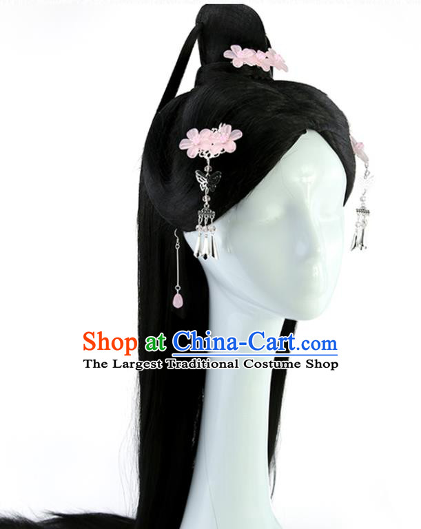 China Ancient Swordswoman Wigs Traditional Hanfu Chignon Hairpieces Jin Dynasty Palace Princess Black Long Wig Sheath