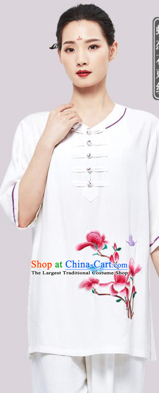 Chinese Tai Chi Clothing Kung Fu White Flax Uniforms Wushu Competition Garment Costumes Martial Arts Embroidered Mangnolia Clothing