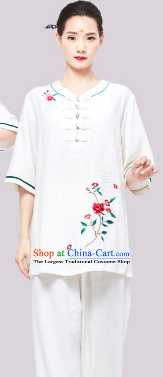 Chinese Martial Arts Embroidered Rose Clothing Tai Chi Clothing Kung Fu White Flax Uniforms Wushu Competition Garment Costumes