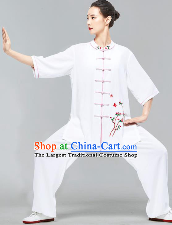 Chinese Kung Fu White Flax Uniforms Wushu Competition Garment Costumes Martial Arts Embroidered Plum Clothing Tai Chi Clothing
