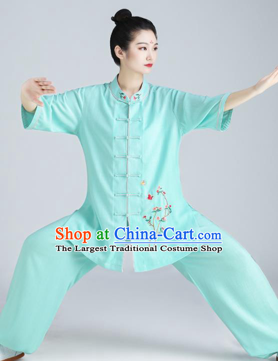 Chinese Tai Chi Clothing Kung Fu Green Flax Uniforms Wushu Competition Garment Costumes Martial Arts Embroidered Plum Clothing