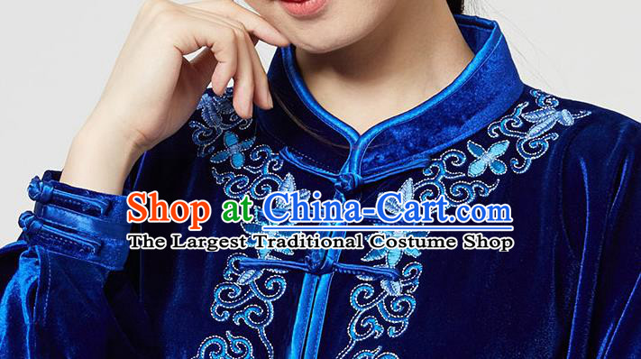 China Tai Chi Sword Clothing Kung Fu Embroidered Blue Pleuche Uniforms Martial Arts Competition Outfits Wushu Garment Costumes