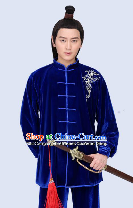 Chinese Tai Chi Training Royalblue Pleuche Uniforms Kung Fu Competition Clothing Martial Arts Garment Costumes for Women for Men