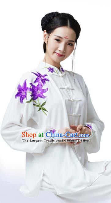 China Wushu Performance Costumes Tai Chi Training Uniforms Kung Fu Clothing Martial Arts Embroidered Lily Flowers Outfits