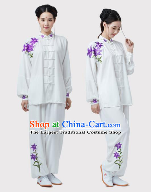 China Wushu Performance Costumes Tai Chi Training Uniforms Kung Fu Clothing Martial Arts Embroidered Lily Flowers Outfits