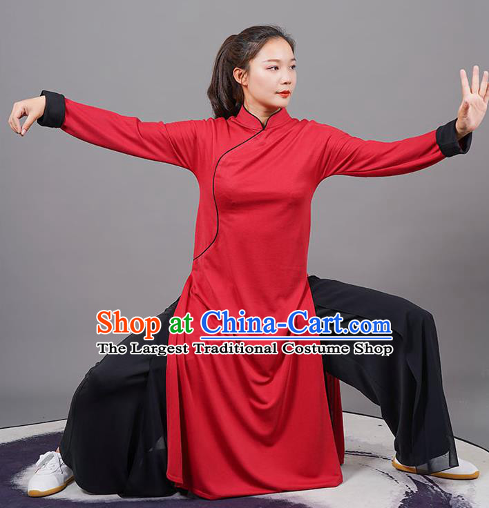 China Kung Fu Gongfu Clothing Martial Arts Wushu Red Robe Outfits Tai Ji Competition Costumes Tai Chi Uniforms