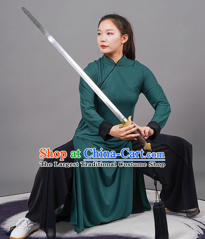 China Tai Chi Uniforms Kung Fu Gongfu Clothing Martial Arts Wushu Green Robe Outfits Tai Ji Competition Costumes
