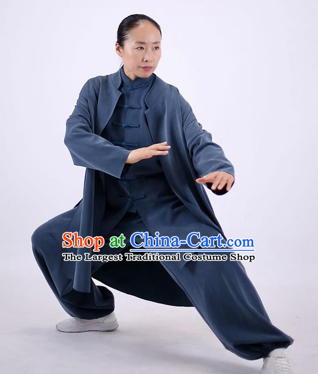 China Martial Arts Competition Outfits Wudang Sword Performance Costumes Tai Chi Exercise Blue Uniforms Kung Fu Wushu Clothing
