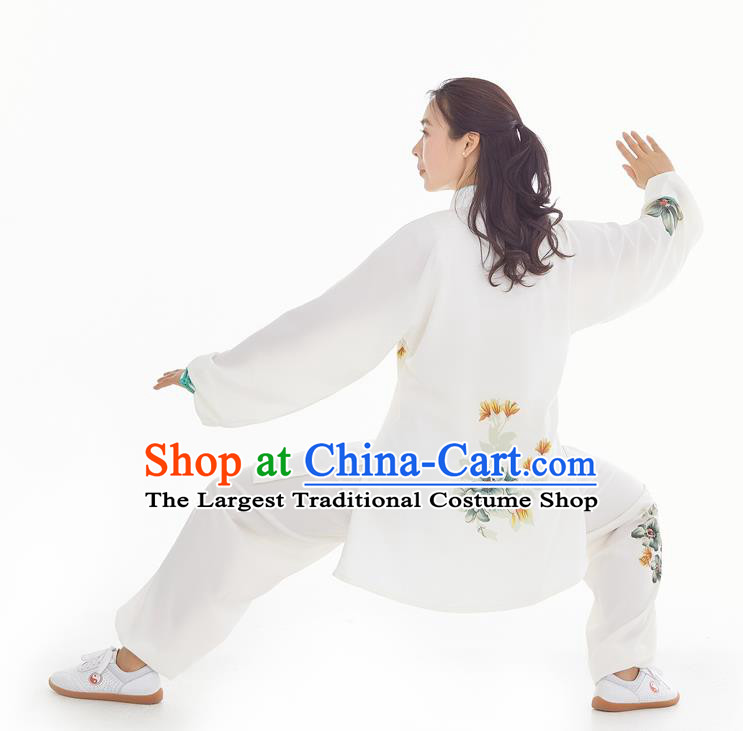 Professional Chinese Kung Fu Training Painting Flowers White Uniforms Tai Chi Competition Suits Martial Arts Performance Clothing