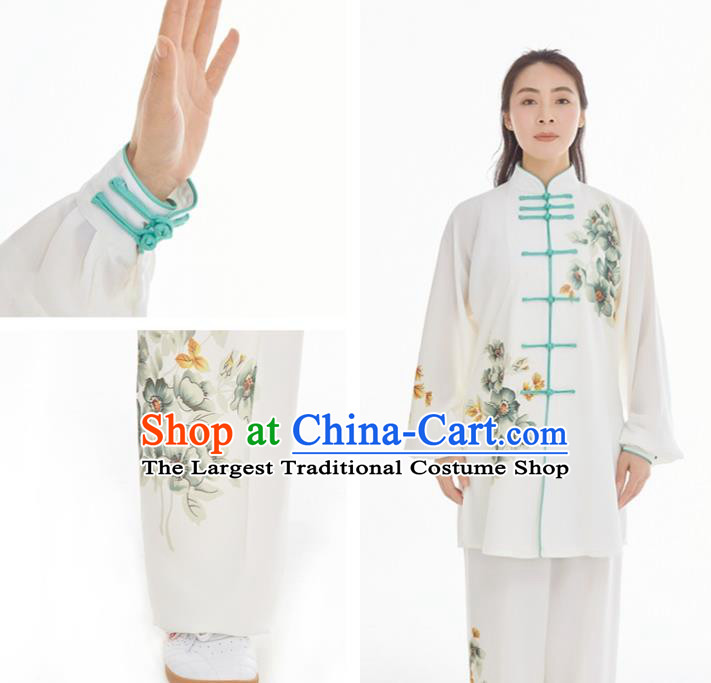 Professional Chinese Kung Fu Training Painting Flowers White Uniforms Tai Chi Competition Suits Martial Arts Performance Clothing