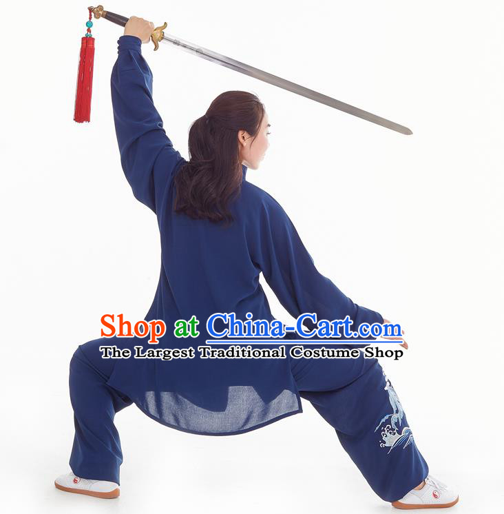 Professional Chinese Tai Chi Competition Embroidered Crane Navy Suits Taiji Sword Performance Clothing Kung Fu Training Uniforms