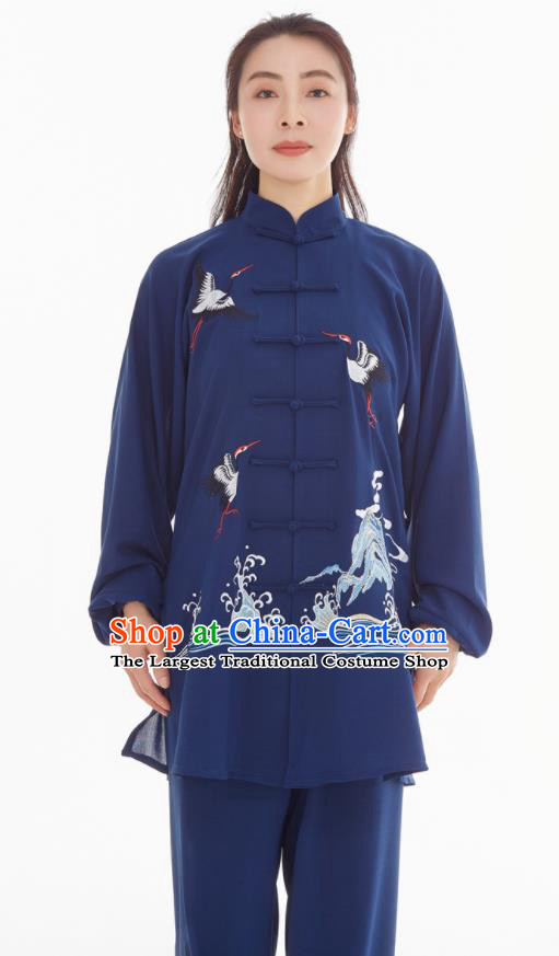Professional Chinese Tai Chi Competition Embroidered Crane Navy Suits Taiji Sword Performance Clothing Kung Fu Training Uniforms
