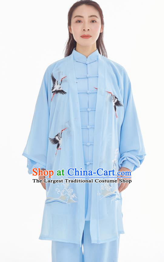 Professional Chinese Kung Fu Training Uniforms Tai Chi Competition Embroidered Crane Blue Suits Taiji Sword Performance Clothing