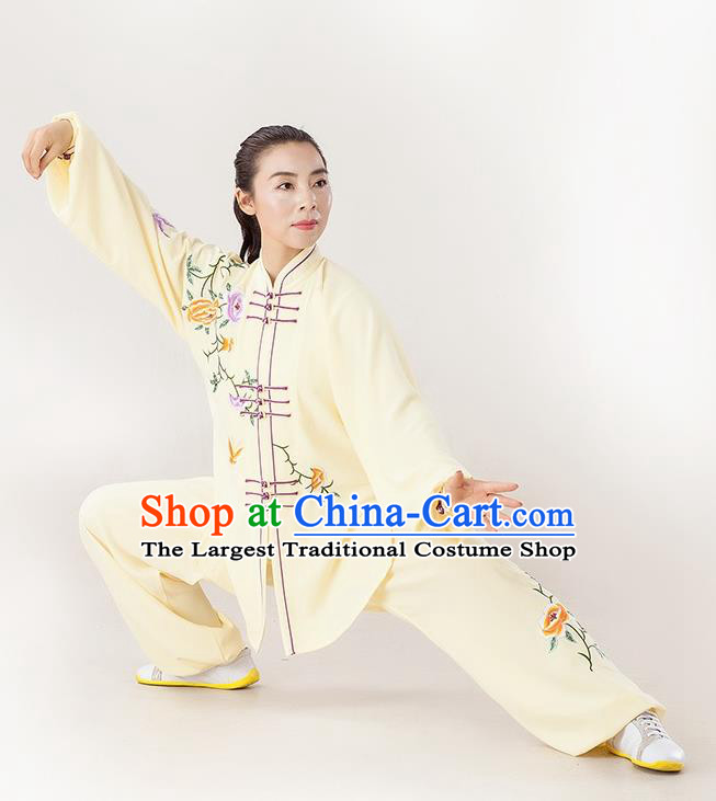 Professional Chinese Kung Fu Performance Light Yellow Uniforms Tai Chi Training Embroidered Peony Suits Martial Arts Competition Clothing