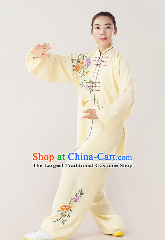 Professional Chinese Kung Fu Performance Light Yellow Uniforms Tai Chi Training Embroidered Peony Suits Martial Arts Competition Clothing