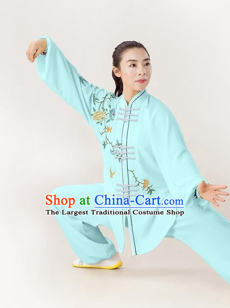 Professional Chinese Martial Arts Competition Clothing Kung Fu Performance Light Blue Uniforms Tai Chi Training Embroidered Peony Suits