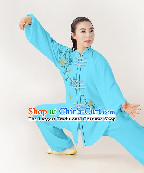 Professional Chinese Tai Chi Training Embroidered Peony Suits Martial Arts Competition Clothing Kung Fu Performance Blue Uniforms