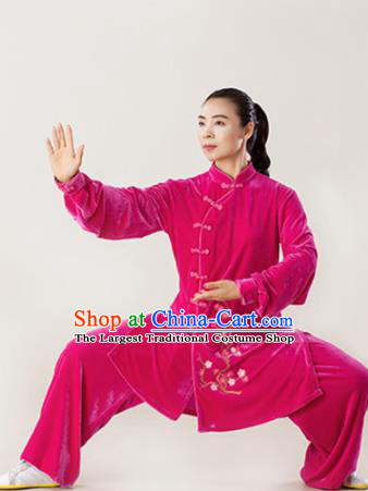 Professional Chinese Kung Fu Garments Wushu Performance Embroidered Uniforms Tai Chi Competition Rosy Pleuche Suits Martial Arts Clothing