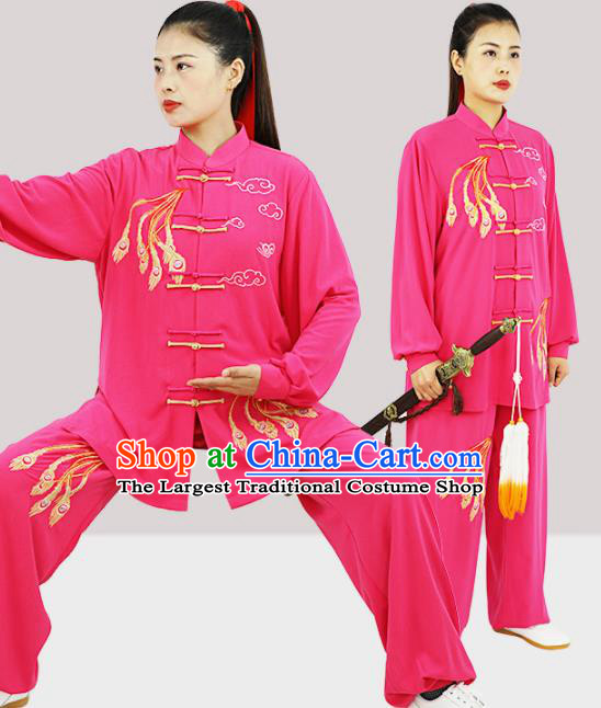 Professional Chinese Kung Fu Wushu Embroidered Phoenix Uniforms Tai Ji Competition Rosy Suits Martial Arts Performance Clothing Tai Chi Costumes