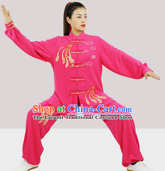 Professional Chinese Kung Fu Wushu Embroidered Phoenix Uniforms Tai Ji Competition Rosy Suits Martial Arts Performance Clothing Tai Chi Costumes