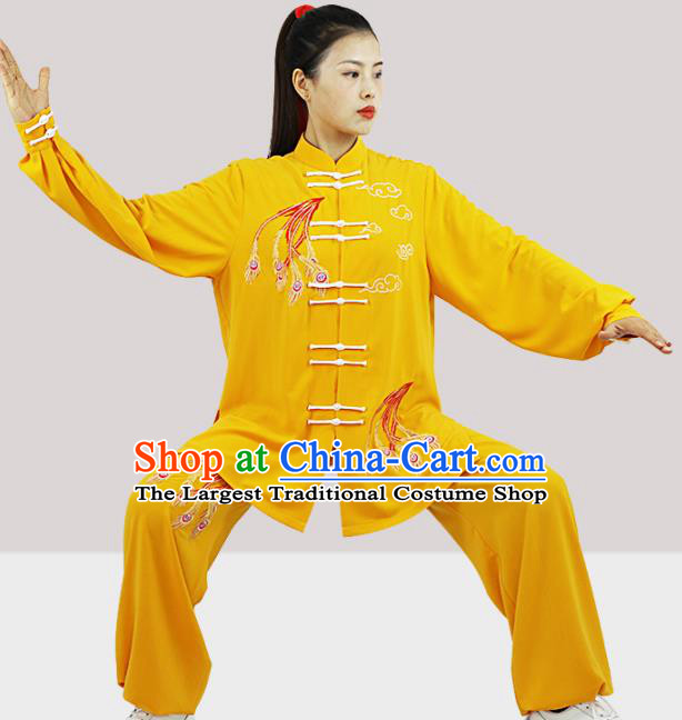 Professional Chinese Tai Chi Costumes Kung Fu Wushu Embroidered Phoenix Uniforms Tai Ji Competition Yellow Suits Martial Arts Performance Clothing