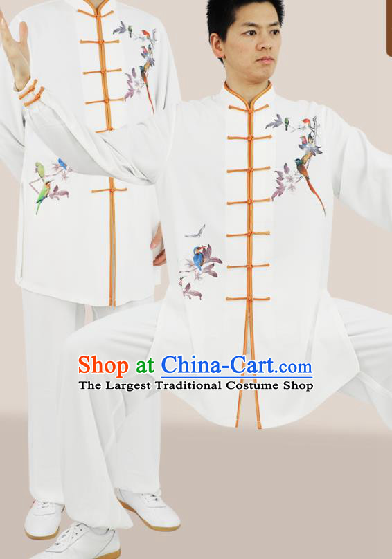 Chinese Tai Chi Competition Printing Flower Bird White Uniforms Adults Kung Fu Show Clothing Martial Arts Garment Costumes