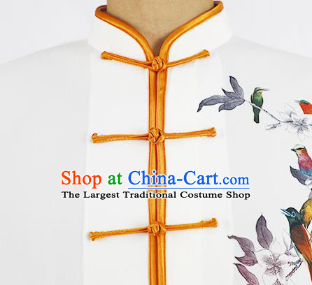 Chinese Tai Chi Competition Printing Flower Bird White Uniforms Adults Kung Fu Show Clothing Martial Arts Garment Costumes